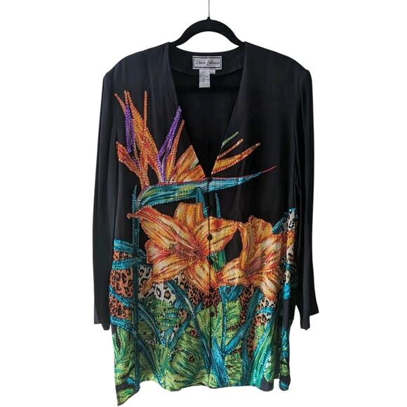 VTG Diane Gilman Silk Top L Sequin Tropical Flowers Cheetah Print 90s Maximalist - Picture 2 of 15